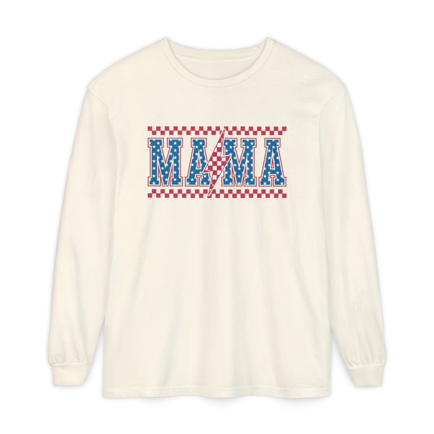 Unisex Long Sleeve T-Shirt, Festive Mama Top, Gift for Moms, Summer BBQ Shirt, Patriotic Apparel, Casual Everyday Wear - Shirt Happens Graphics