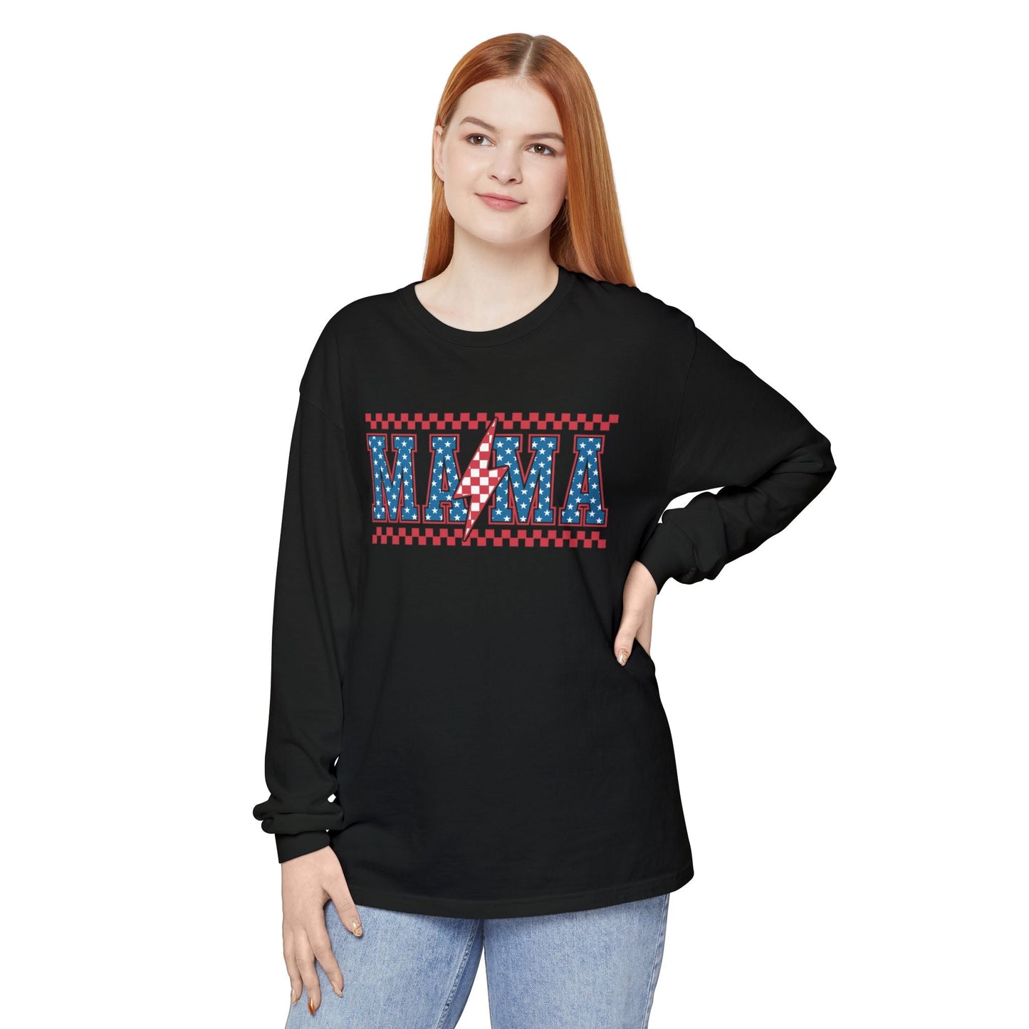 Unisex Long Sleeve T-Shirt, Festive Mama Top, Gift for Moms, Summer BBQ Shirt, Patriotic Apparel, Casual Everyday Wear - Shirt Happens Graphics