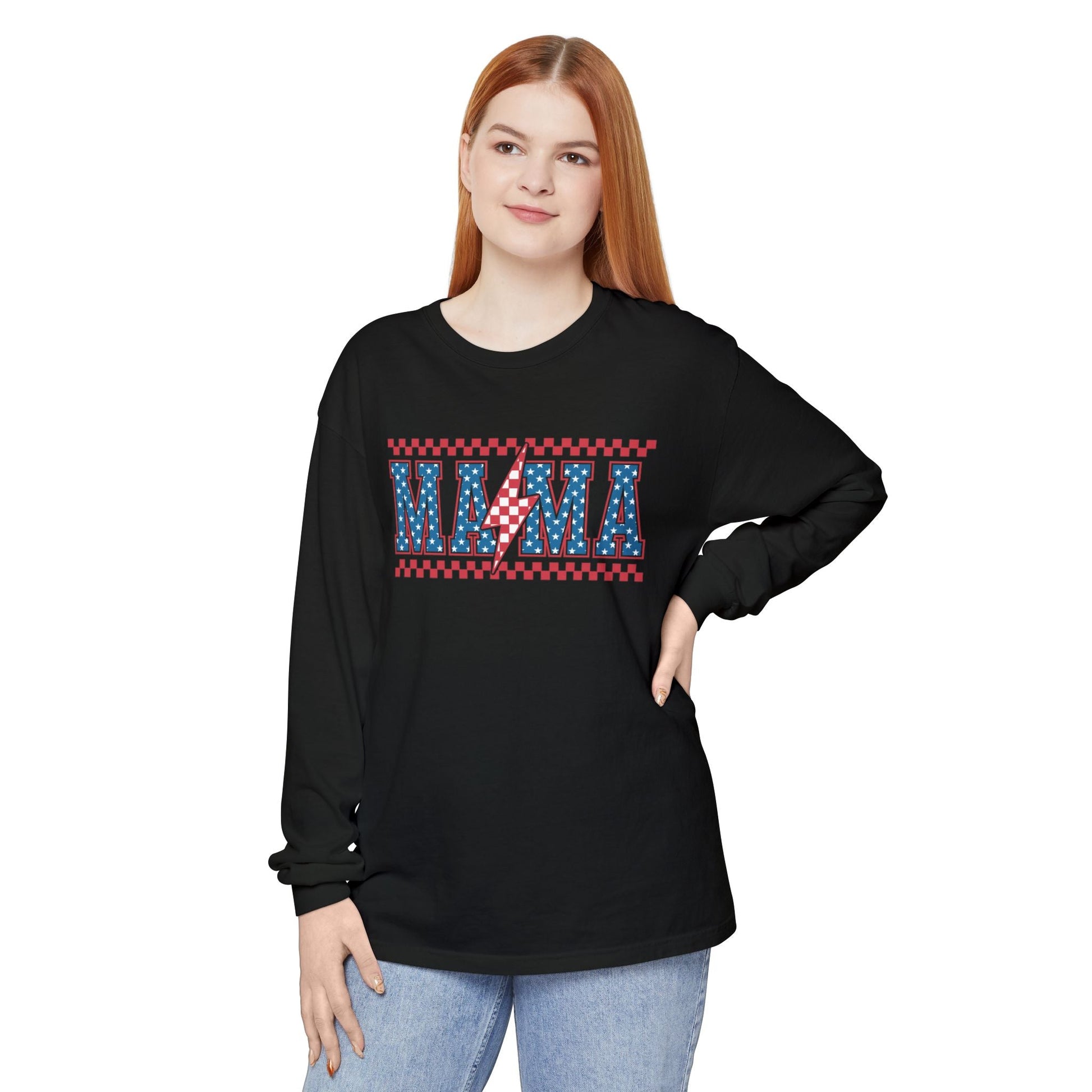 Unisex Long Sleeve T-Shirt, Festive Mama Top, Gift for Moms, Summer BBQ Shirt, Patriotic Apparel, Casual Everyday Wear - Shirt Happens Graphics