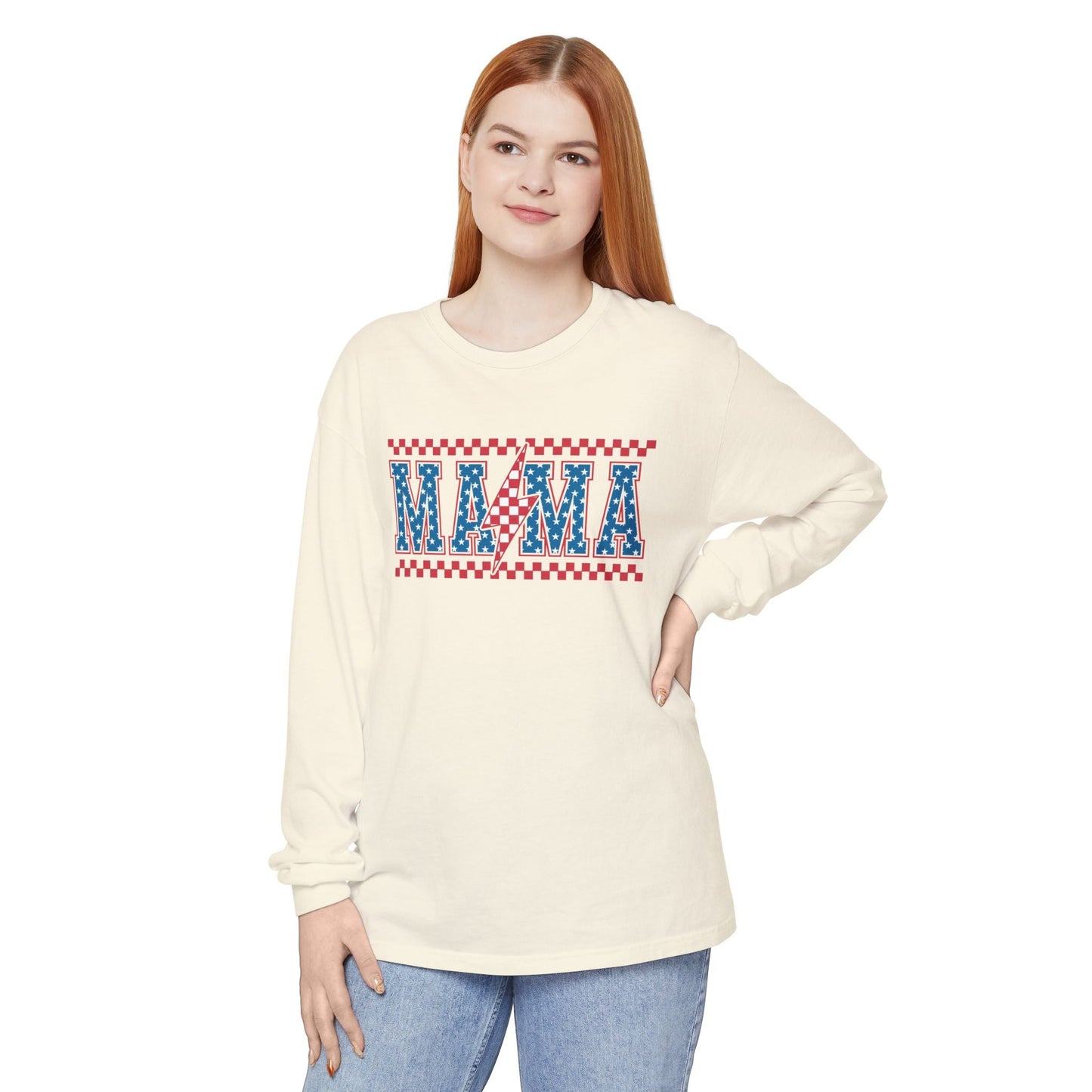 Unisex Long Sleeve T-Shirt, Festive Mama Top, Gift for Moms, Summer BBQ Shirt, Patriotic Apparel, Casual Everyday Wear - Shirt Happens Graphics