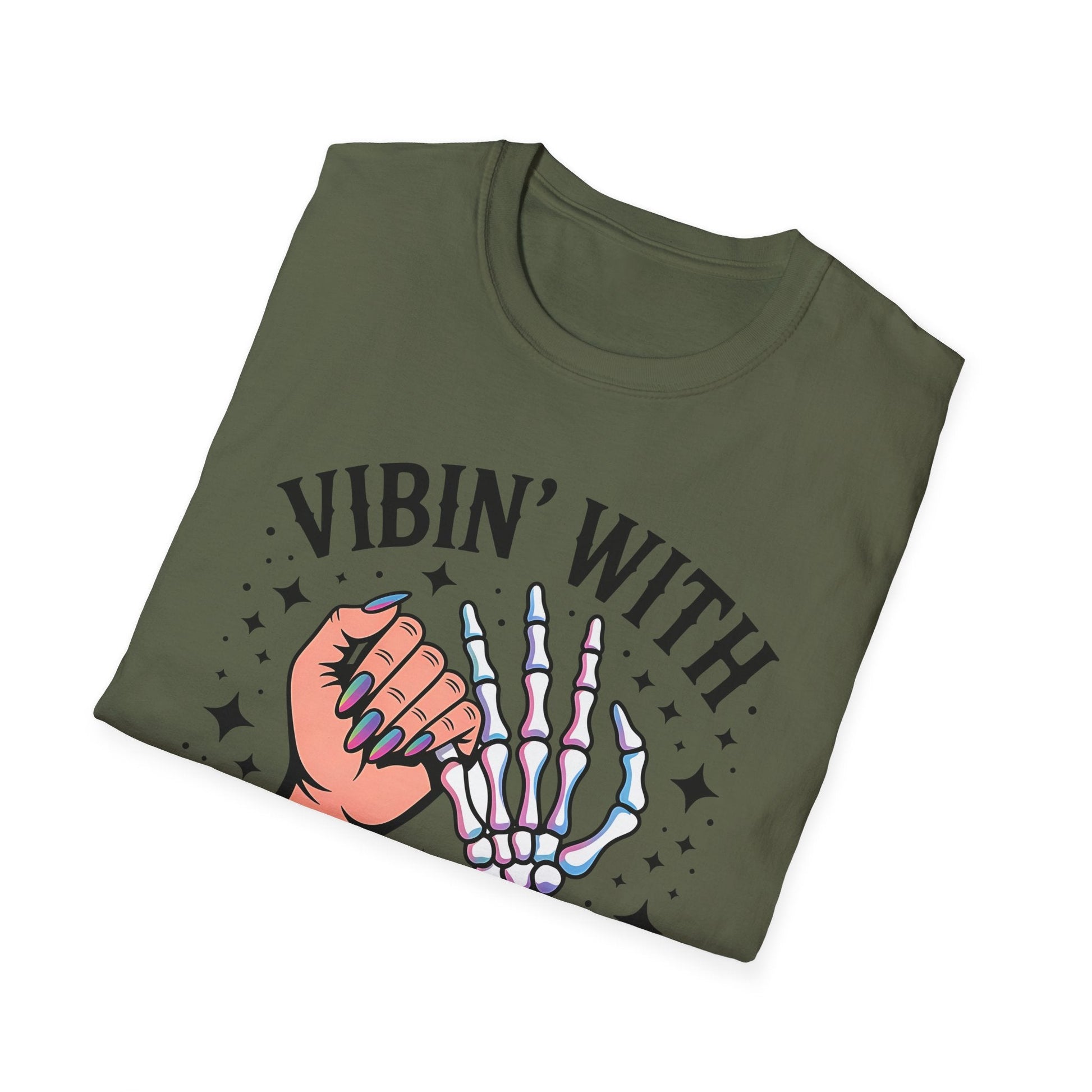 Unisex Skeleton Graphic Tee - Vibin' with My Demons, Trendy Halloween Shirt, Vintage Style Unisex T-Shirt, Casual Everyday Wear, [...] - Shirt Happens Graphics