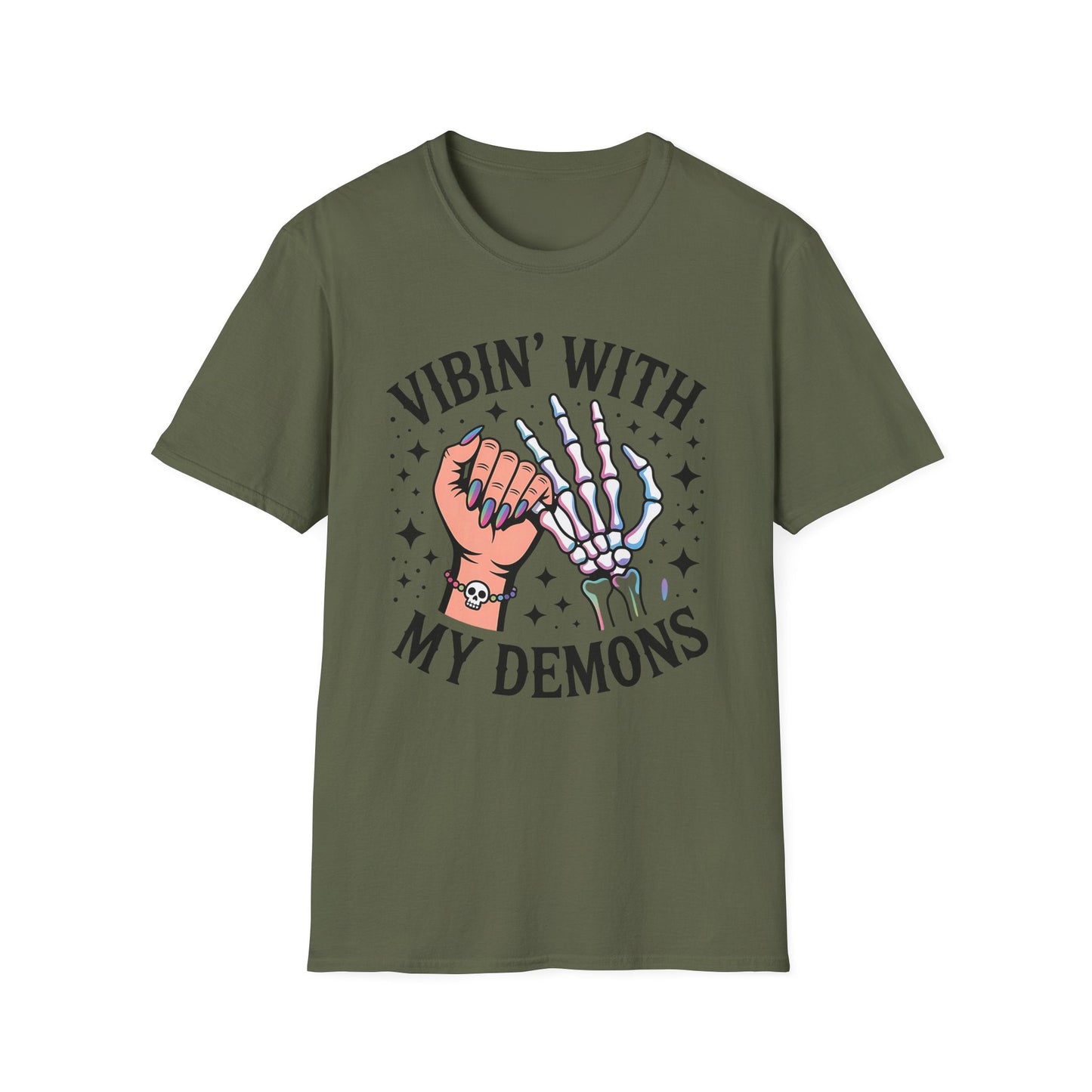 Unisex Skeleton Graphic Tee - Vibin' with My Demons, Trendy Halloween Shirt, Vintage Style Unisex T-Shirt, Casual Everyday Wear, [...] - Shirt Happens Graphics
