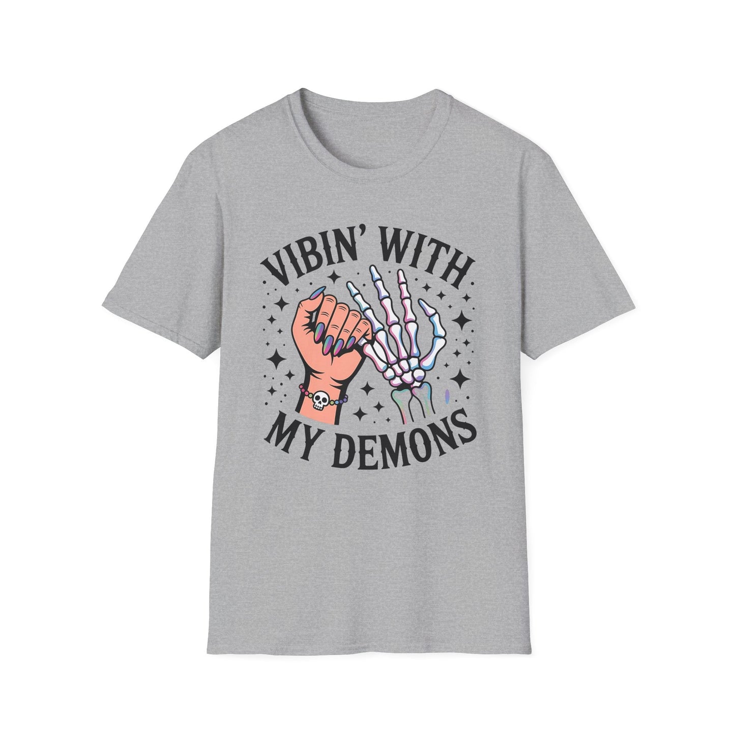 Unisex Skeleton Graphic Tee - Vibin' with My Demons, Trendy Halloween Shirt, Vintage Style Unisex T-Shirt, Casual Everyday Wear, [...] - Shirt Happens Graphics