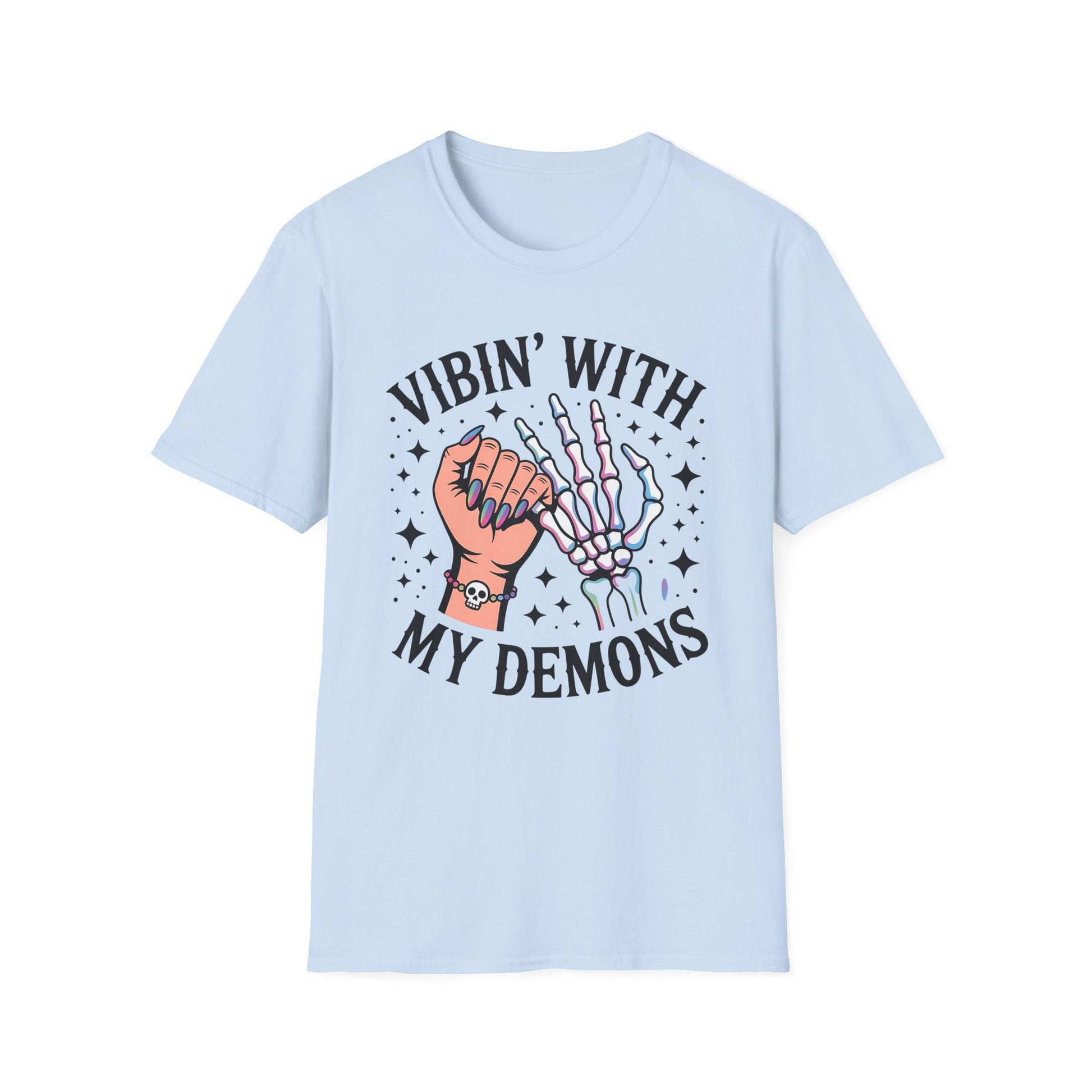 Unisex Skeleton Graphic Tee - Vibin' with My Demons, Trendy Halloween Shirt, Vintage Style Unisex T-Shirt, Casual Everyday Wear, [...] - Shirt Happens Graphics