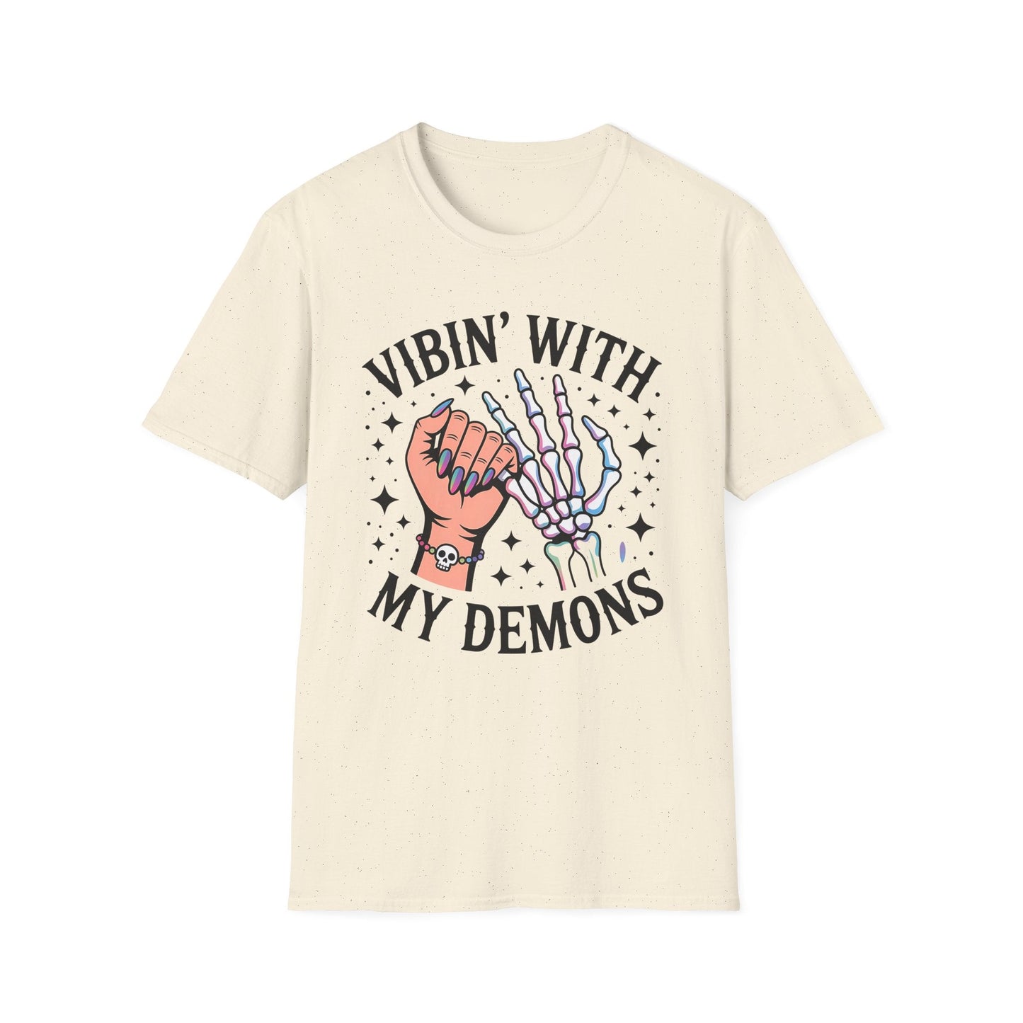Unisex Skeleton Graphic Tee - Vibin' with My Demons, Trendy Halloween Shirt, Vintage Style Unisex T-Shirt, Casual Everyday Wear, [...] - Shirt Happens Graphics