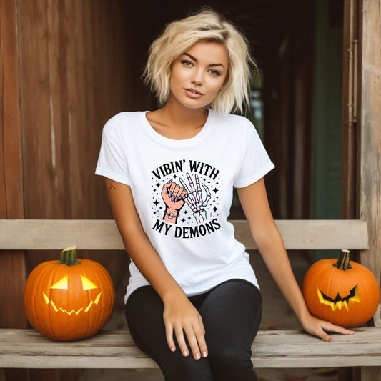 Unisex Skeleton Graphic Tee - Vibin' with My Demons, Trendy Halloween Shirt, Vintage Style Unisex T-Shirt, Casual Everyday Wear, [...] - Shirt Happens Graphics
