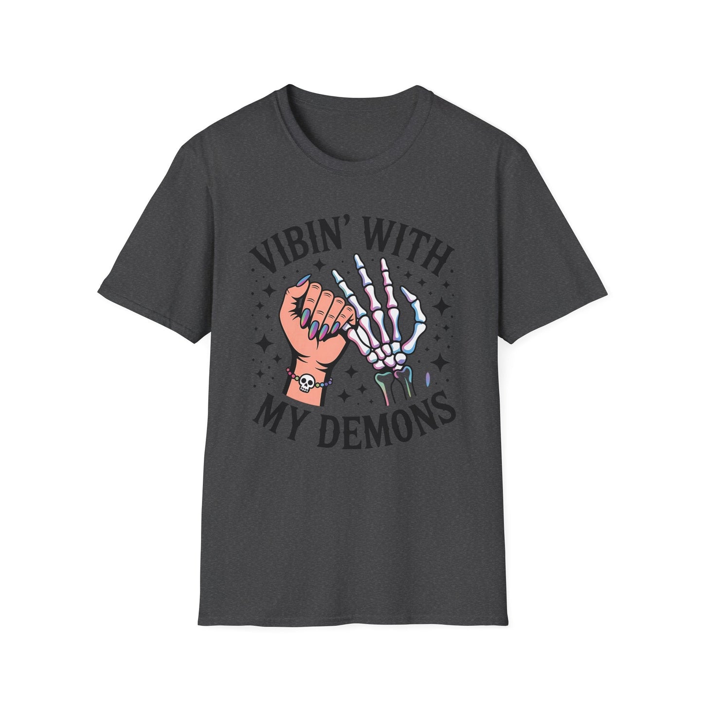 Unisex Skeleton Graphic Tee - Vibin' with My Demons, Trendy Halloween Shirt, Vintage Style Unisex T-Shirt, Casual Everyday Wear, [...] - Shirt Happens Graphics
