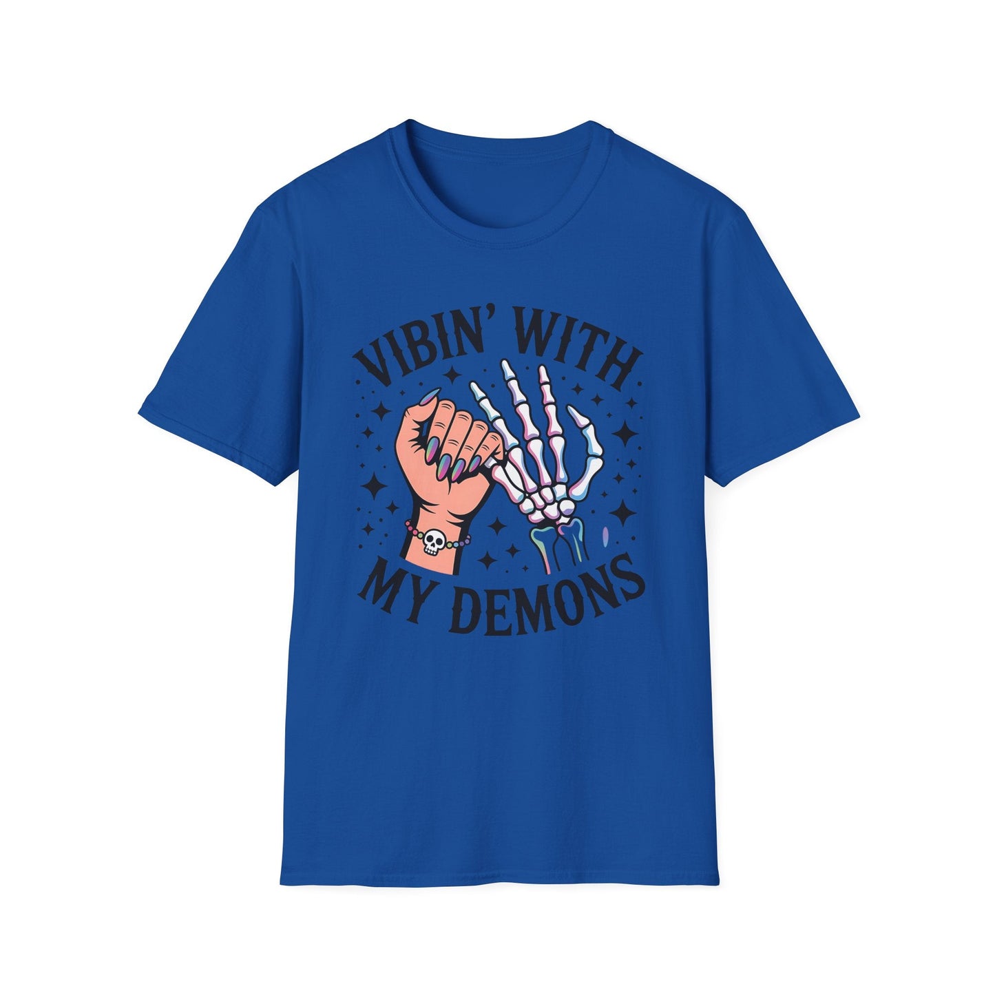 Unisex Skeleton Graphic Tee - Vibin' with My Demons, Trendy Halloween Shirt, Vintage Style Unisex T-Shirt, Casual Everyday Wear, [...] - Shirt Happens Graphics