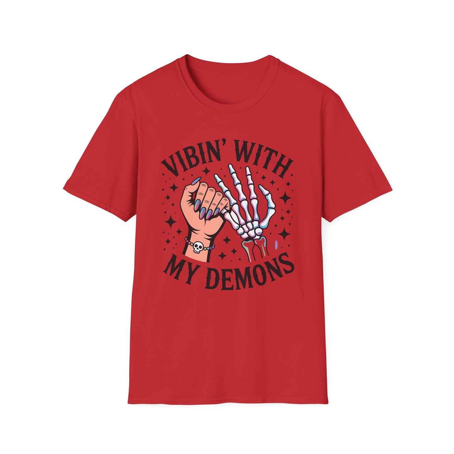 Unisex Skeleton Graphic Tee - Vibin' with My Demons, Trendy Halloween Shirt, Vintage Style Unisex T-Shirt, Casual Everyday Wear, [...] - Shirt Happens Graphics