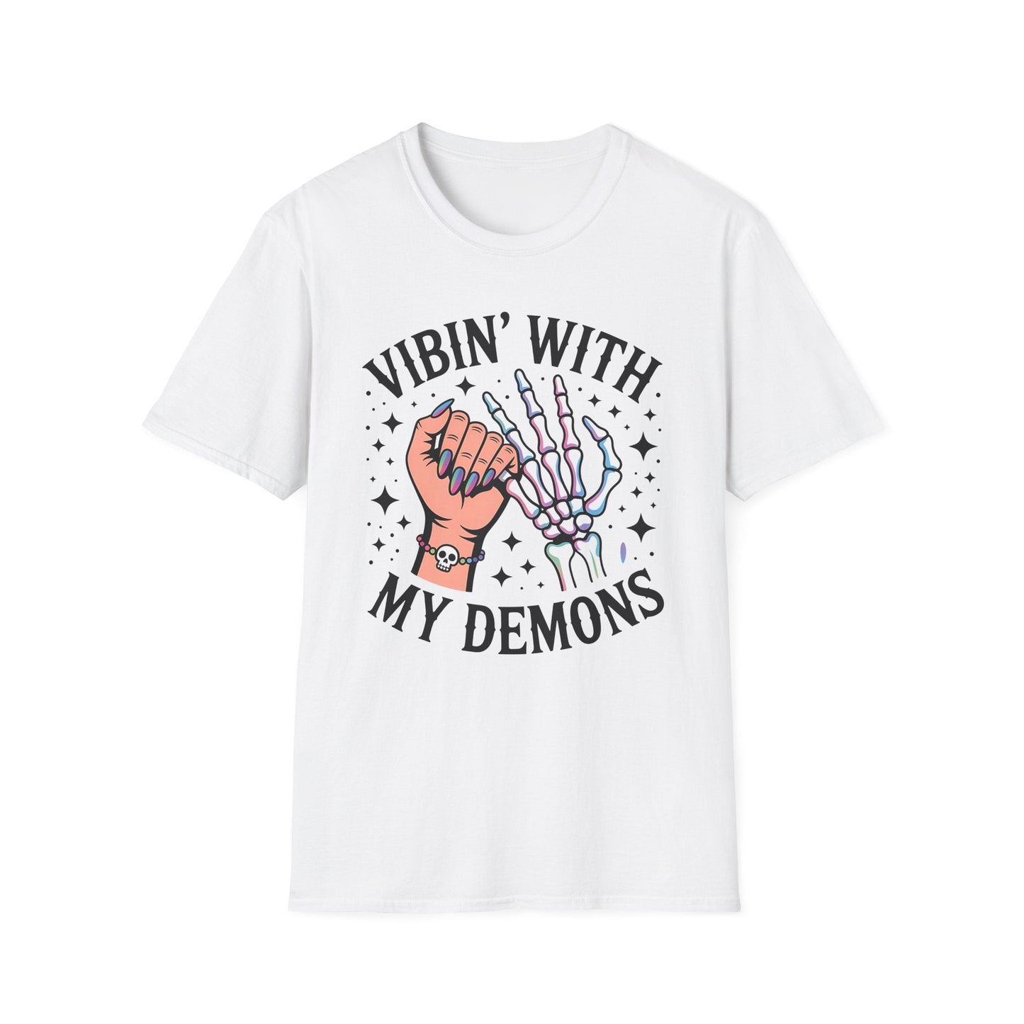 Unisex Skeleton Graphic Tee - Vibin' with My Demons, Trendy Halloween Shirt, Vintage Style Unisex T-Shirt, Casual Everyday Wear, [...] - Shirt Happens Graphics