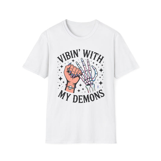 Unisex Skeleton Graphic Tee - Vibin' with My Demons, Trendy Halloween Shirt, Vintage Style Unisex T-Shirt, Casual Everyday Wear, [...] - Shirt Happens Graphics