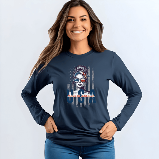 USA Themed Long Sleeve T-Shirt - Made in America, Patriotic Apparel, Independence Day Shirt, Americana Fashion, Unisex Casual Wear - Shirt Happens Graphics