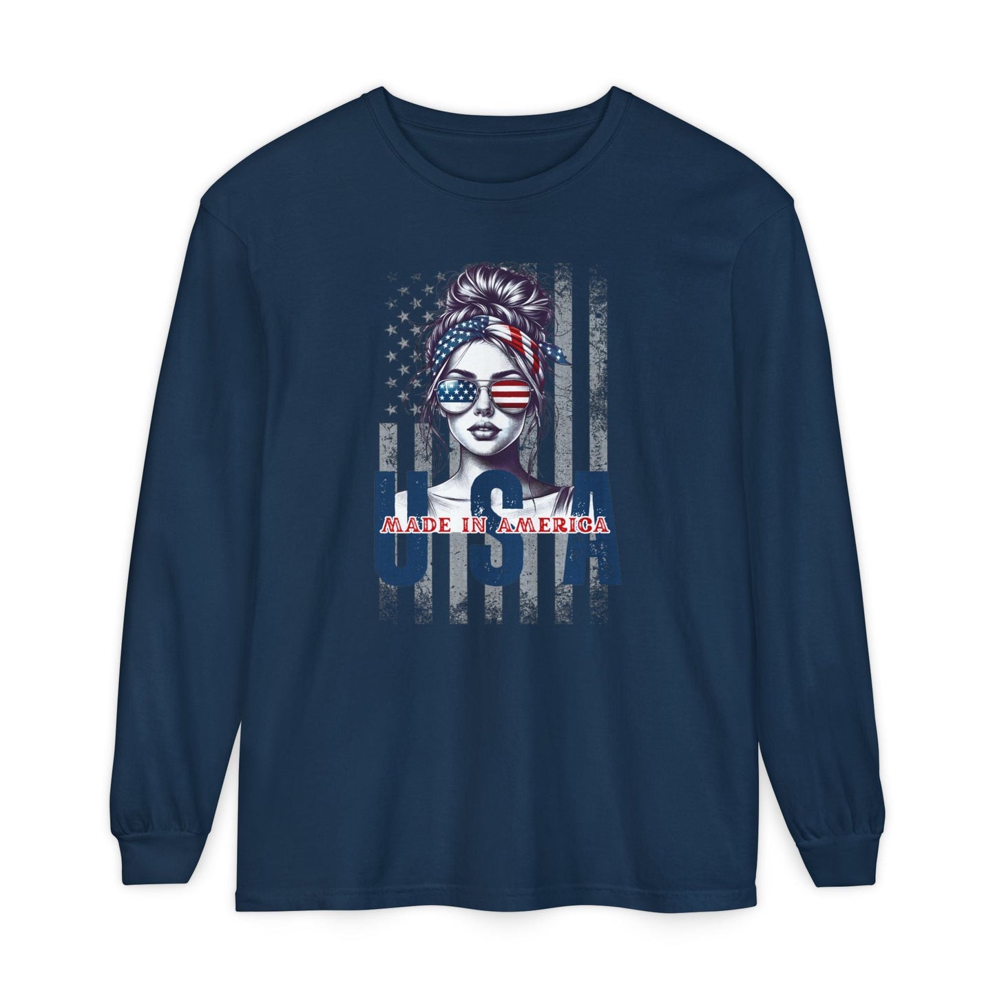 USA Themed Long Sleeve T-Shirt - Made in America, Patriotic Apparel, Independence Day Shirt, Americana Fashion, Unisex Casual Wear - Shirt Happens Graphics