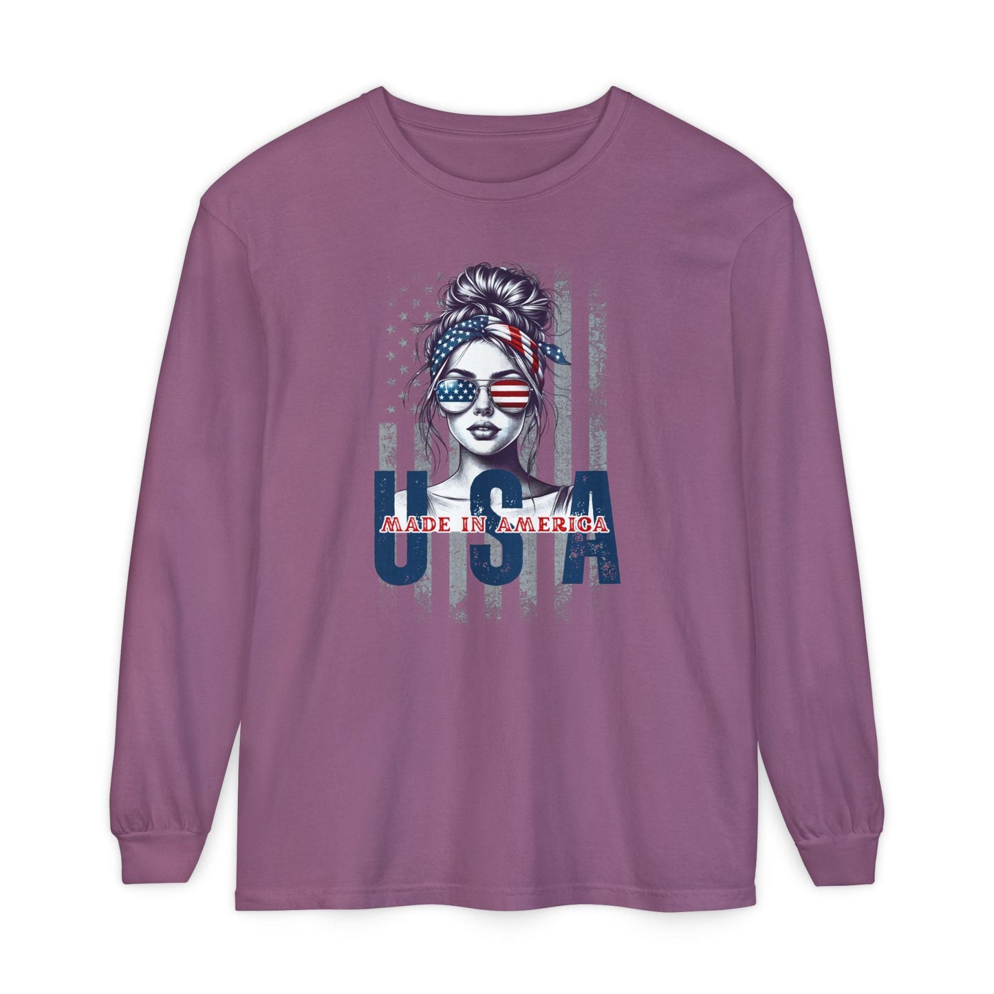 USA Themed Long Sleeve T-Shirt - Made in America, Patriotic Apparel, Independence Day Shirt, Americana Fashion, Unisex Casual Wear - Shirt Happens Graphics