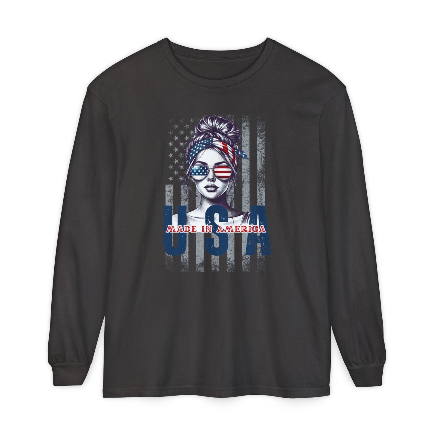 USA Themed Long Sleeve T-Shirt - Made in America, Patriotic Apparel, Independence Day Shirt, Americana Fashion, Unisex Casual Wear - Shirt Happens Graphics