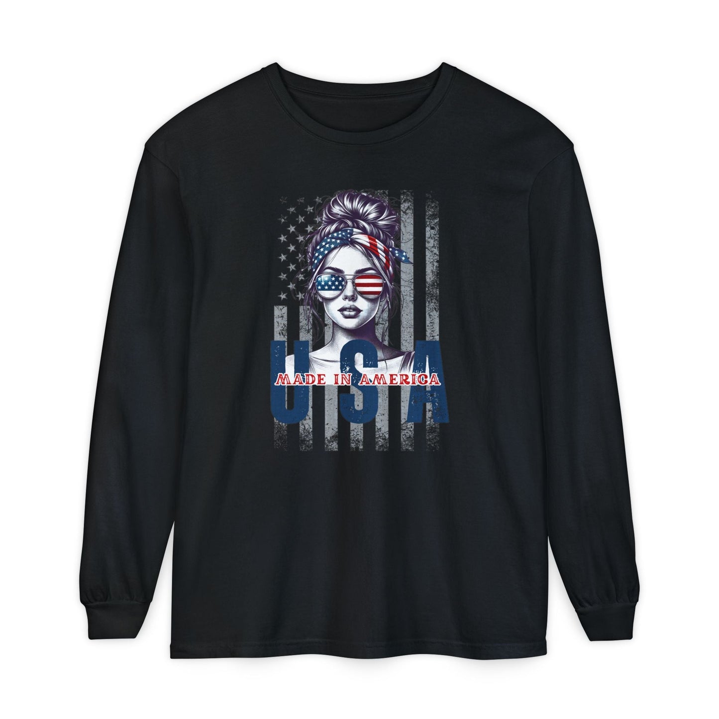 USA Themed Long Sleeve T-Shirt - Made in America, Patriotic Apparel, Independence Day Shirt, Americana Fashion, Unisex Casual Wear - Shirt Happens Graphics