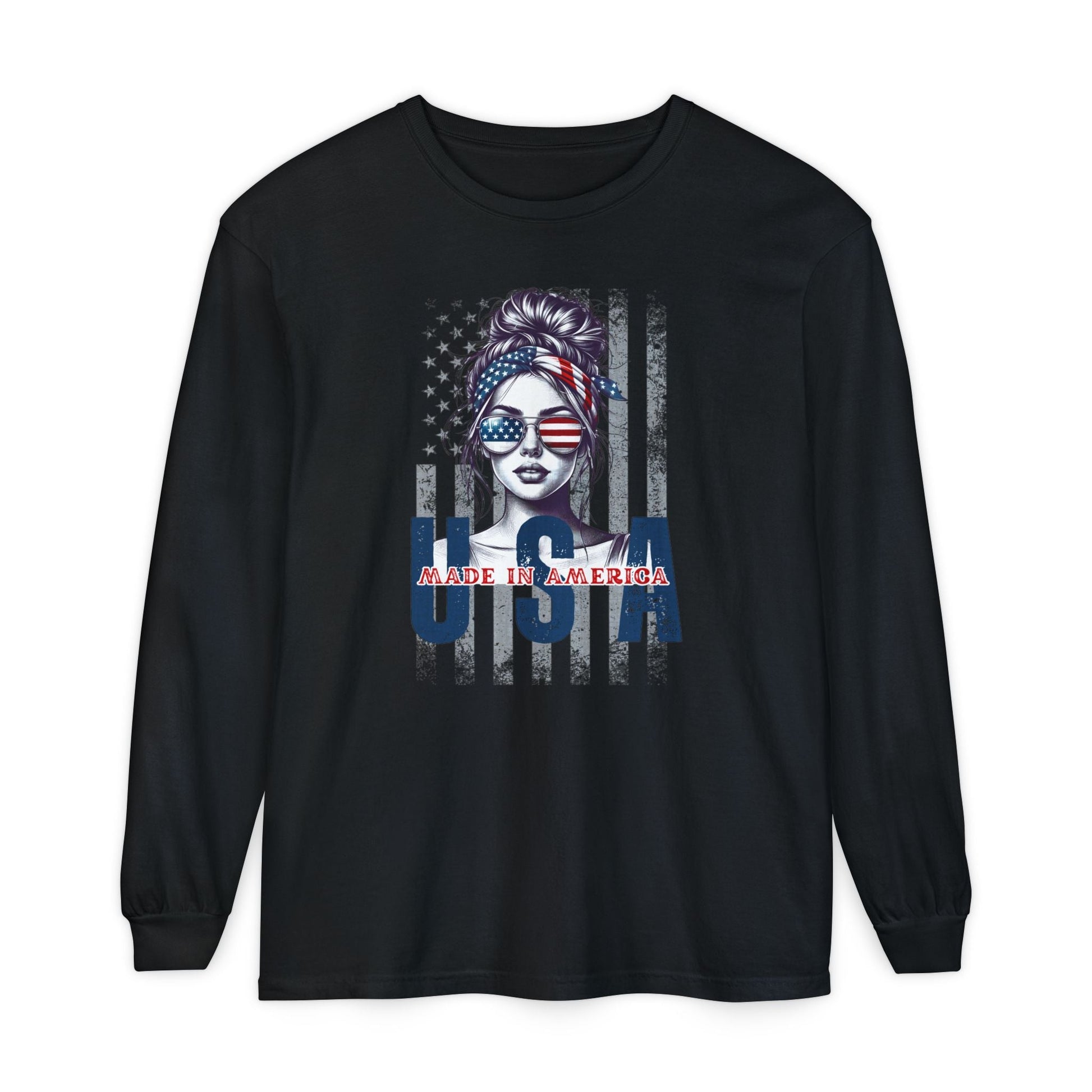 USA Themed Long Sleeve T-Shirt - Made in America, Patriotic Apparel, Independence Day Shirt, Americana Fashion, Unisex Casual Wear - Shirt Happens Graphics