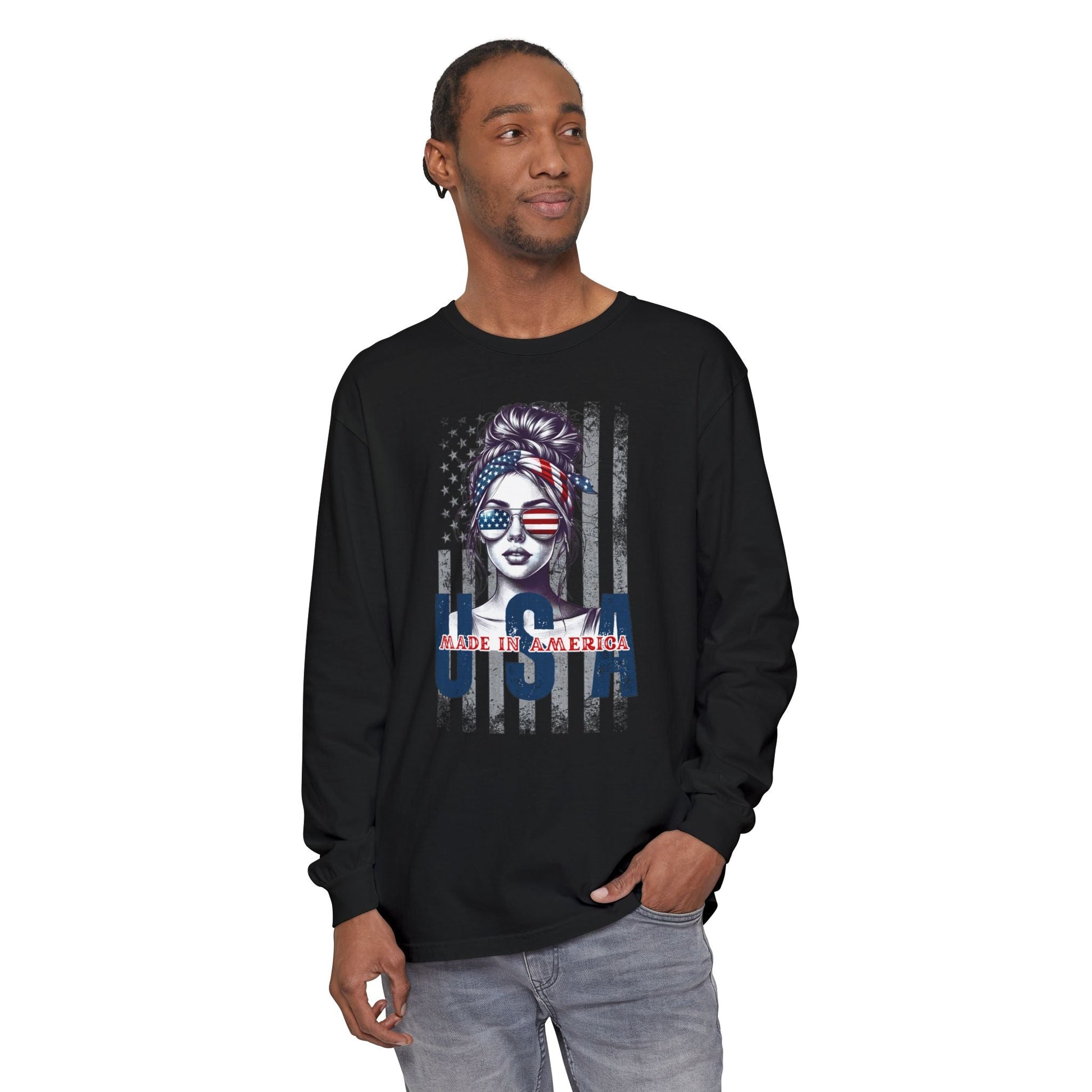 USA Themed Long Sleeve T-Shirt - Made in America, Patriotic Apparel, Independence Day Shirt, Americana Fashion, Unisex Casual Wear - Shirt Happens Graphics