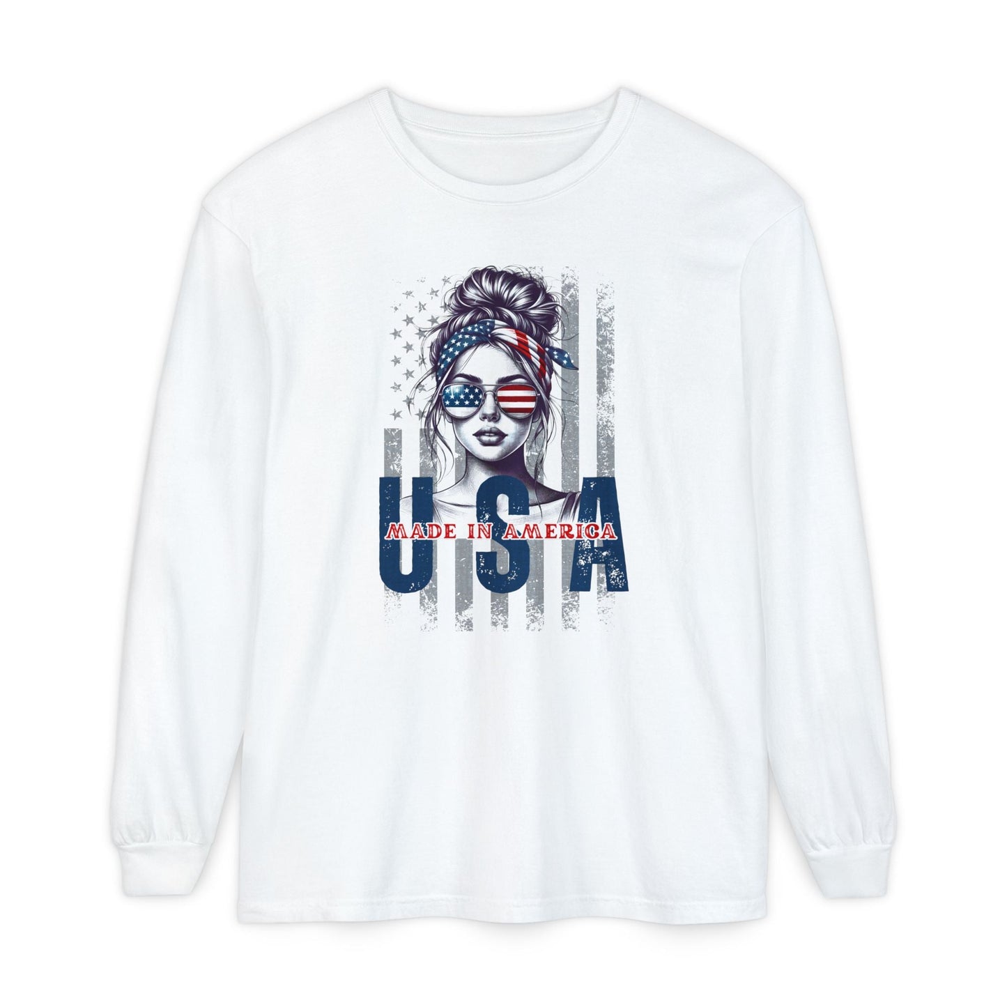 USA Themed Long Sleeve T-Shirt - Made in America, Patriotic Apparel, Independence Day Shirt, Americana Fashion, Unisex Casual Wear - Shirt Happens Graphics