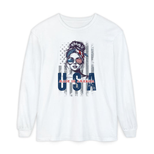 USA Themed Long Sleeve T-Shirt - Made in America, Patriotic Apparel, Independence Day Shirt, Americana Fashion, Unisex Casual Wear - Shirt Happens Graphics