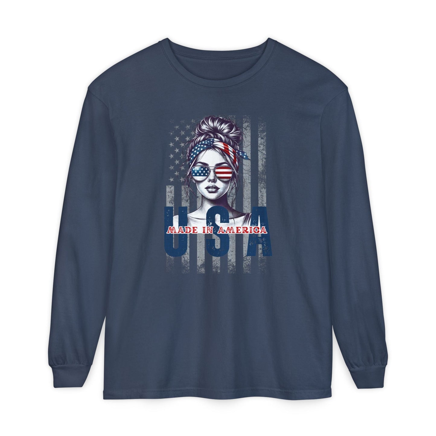 USA Themed Long Sleeve T-Shirt - Made in America, Patriotic Apparel, Independence Day Shirt, Americana Fashion, Unisex Casual Wear - Shirt Happens Graphics