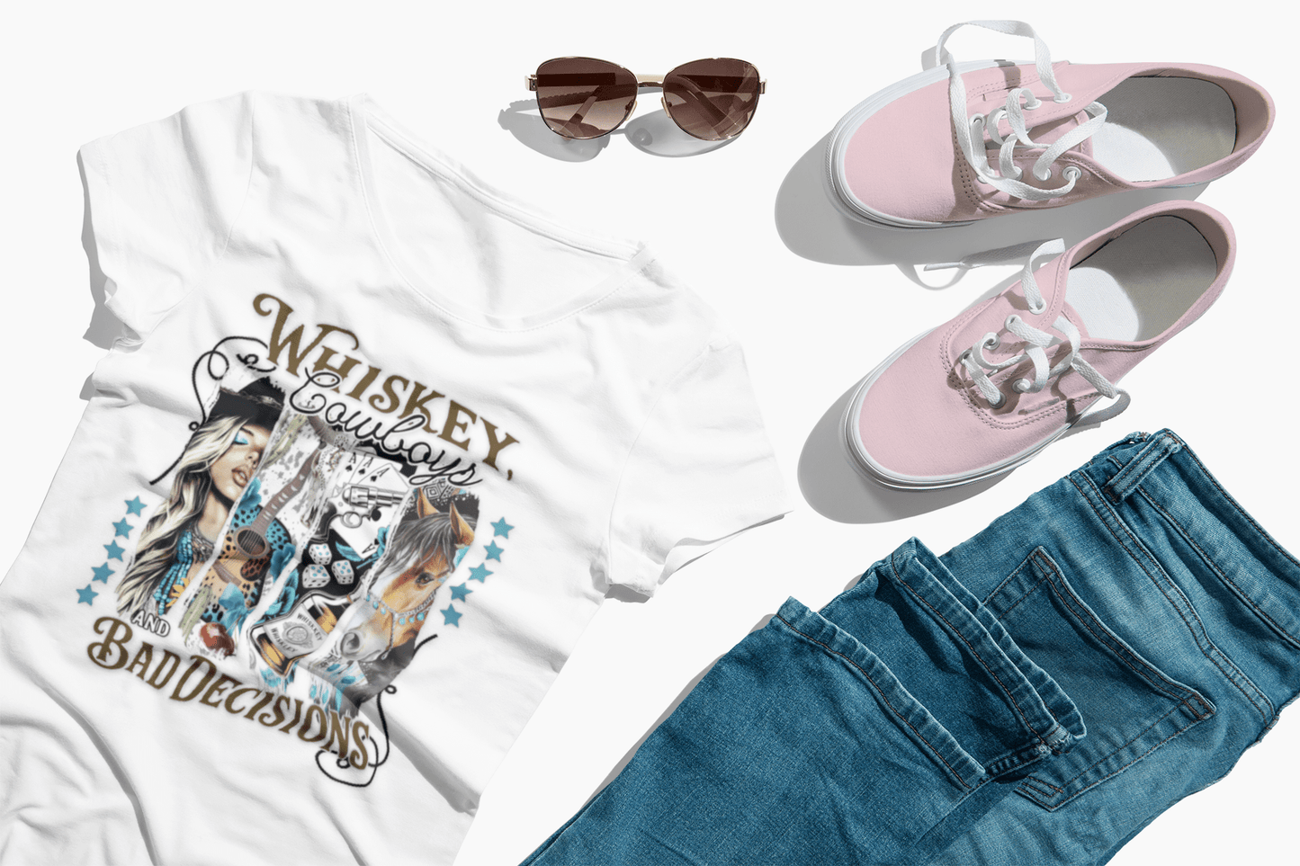 Whiskey Cowboys Bad Decisions T-Shirt | Unisex Graphic Tee, Casual Wear, Gift for Drink Lovers, Summer Style, Festival Apparel - Shirt Happens Graphics