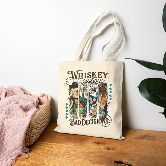 Whiskey Tote Bag - Bad Decisions Cotton Canvas Carryall, Perfect for Beach Trips, Shopping, Festivals, Eco - Friendly Gift - Shirt Happens Graphics