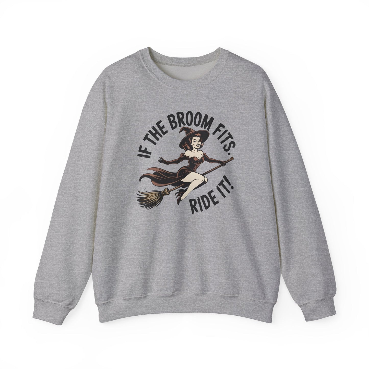 Witchy Crewneck Sweatshirt - If the Broom Fits, Ride It! Halloween Apparel, Cozy Gift, Unisex Sweater, Perfect for Fall - Shirt Happens Graphics