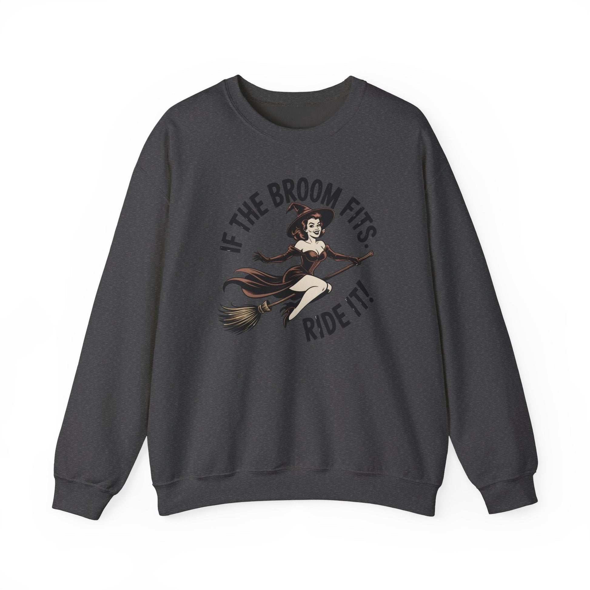 Witchy Crewneck Sweatshirt - If the Broom Fits, Ride It! Halloween Apparel, Cozy Gift, Unisex Sweater, Perfect for Fall - Shirt Happens Graphics