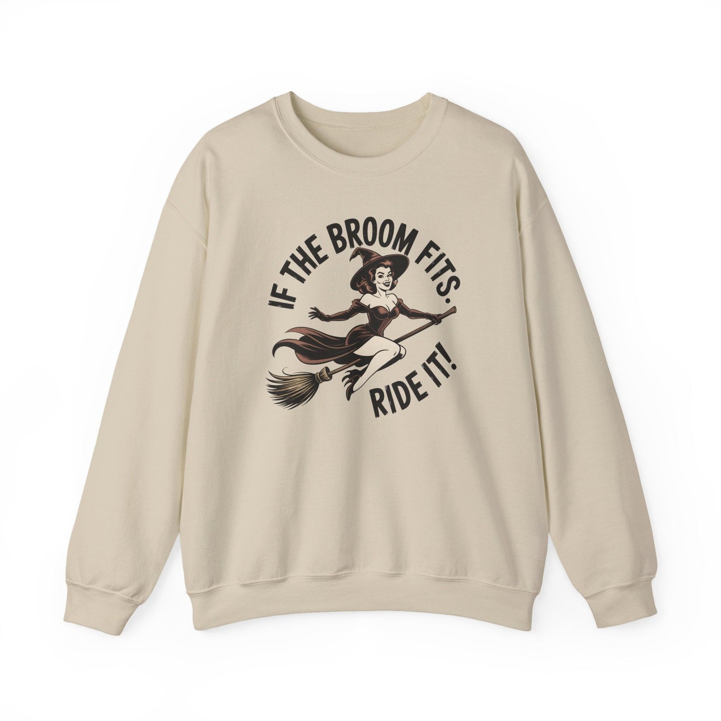 Witchy Crewneck Sweatshirt - If the Broom Fits, Ride It! Halloween Apparel, Cozy Gift, Unisex Sweater, Perfect for Fall - Shirt Happens Graphics